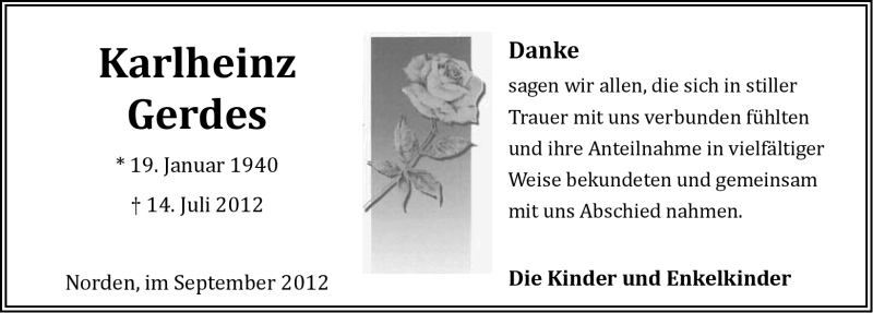  Traueranzeige für Karlheinz Gerdes vom 08.09.2012 aus Ostfriesischer Kurier GmbH