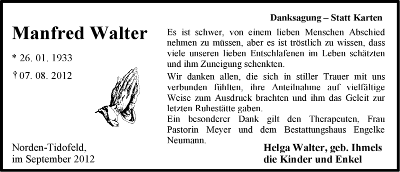  Traueranzeige für Manfred Walter vom 08.09.2012 aus Ostfriesischer Kurier GmbH