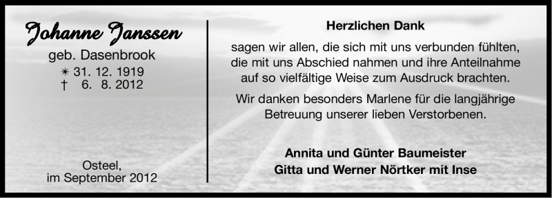  Traueranzeige für Johanne Janssen vom 15.09.2012 aus Ostfriesischer Kurier GmbH