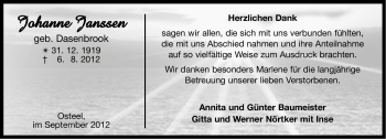 Traueranzeige von Johanne Janssen von Ostfriesischer Kurier GmbH