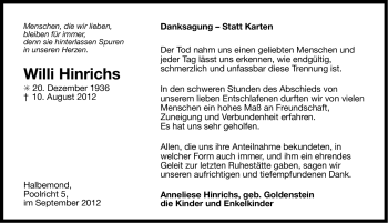 Traueranzeige von Willi Hinrichs von Ostfriesischer Kurier GmbH