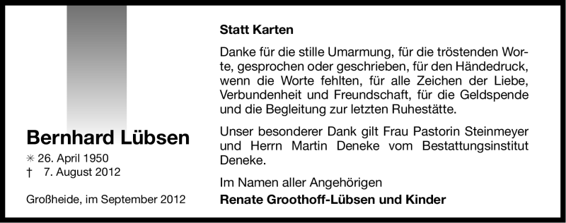  Traueranzeige für Bernhard Lübsen vom 15.09.2012 aus Ostfriesischer Kurier GmbH