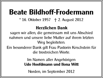 Traueranzeige von Beate Bildhoff-Frodermann von Ostfriesischer Kurier GmbH