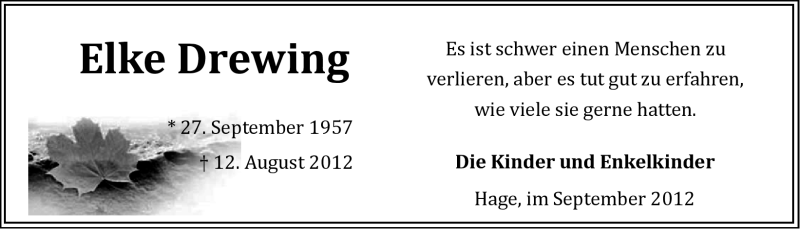  Traueranzeige für Elke Drewing vom 15.09.2012 aus Ostfriesischer Kurier GmbH