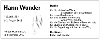 Traueranzeige von Harm Wunder von Ostfriesischer Kurier GmbH