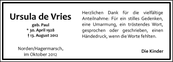 Traueranzeige von Ursula de Vries von Ostfriesischer Kurier GmbH
