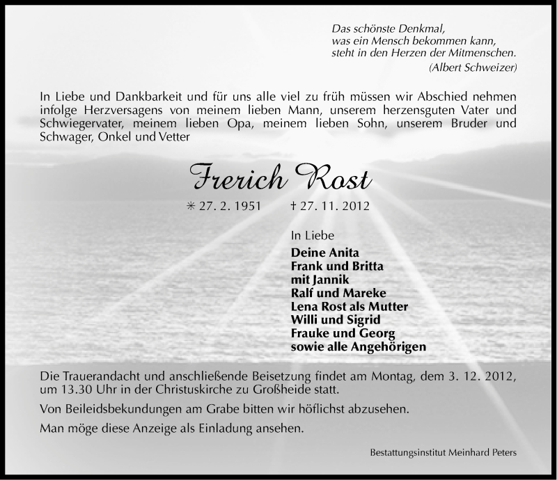  Traueranzeige für Frerich Rost vom 28.11.2012 aus Ostfriesischer Kurier GmbH