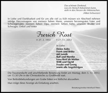 Traueranzeige von Frerich Rost von Ostfriesischer Kurier GmbH