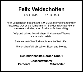 Traueranzeige von Felix Veldscholten von Ostfriesischer Kurier / Norderneyer Badezeitung