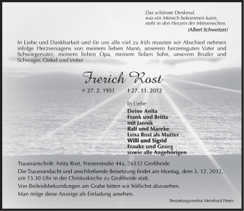 Traueranzeige von Frerich Rost von Ostfriesischer Kurier GmbH