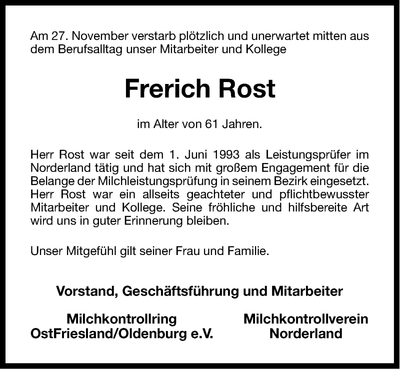  Traueranzeige für Frerich Rost vom 29.11.2012 aus Ostfriesischer Kurier GmbH