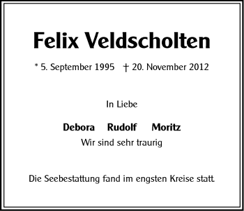 Traueranzeige von Felix Veldscholten von Ostfriesischer Kurier / Norderneyer Badezeitung