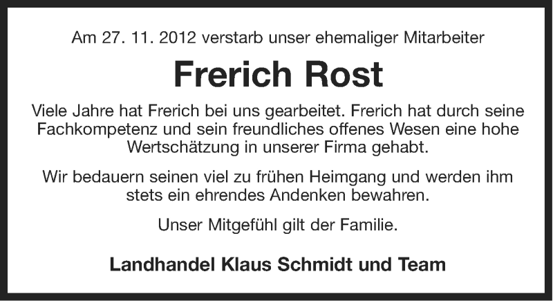  Traueranzeige für Frerich Rost vom 30.11.2012 aus Ostfriesischer Kurier GmbH