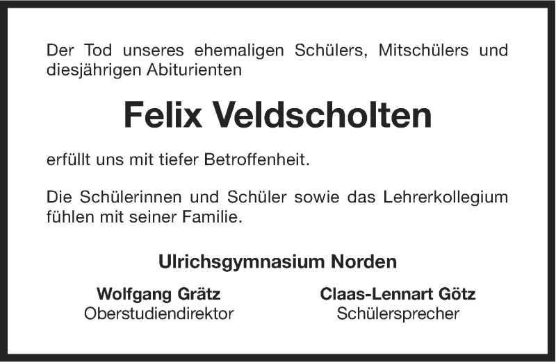  Traueranzeige für Felix Veldscholten vom 30.11.2012 aus Ostfriesischer Kurier / Norderneyer Badezeitung