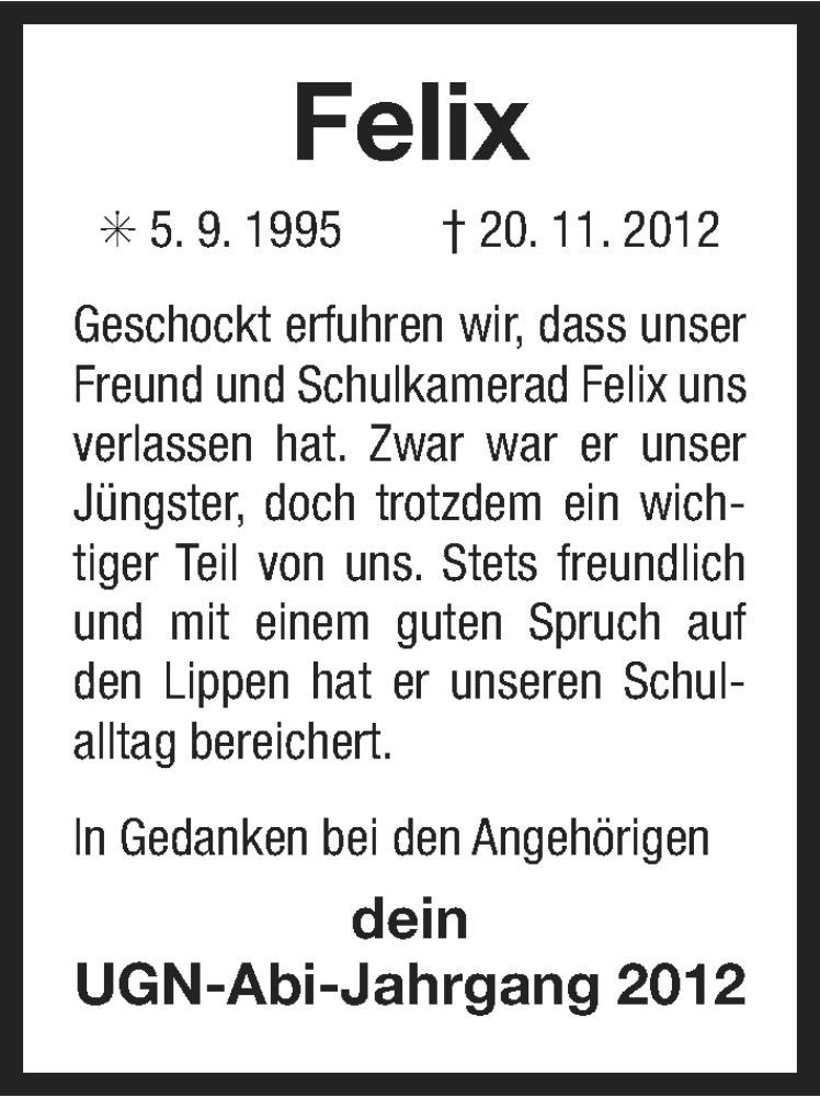  Traueranzeige für Felix Veldscholten vom 30.11.2012 aus Ostfriesischer Kurier / Norderneyer Badezeitung