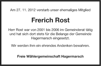 Traueranzeige von Frerich Rost von Ostfriesischer Kurier GmbH