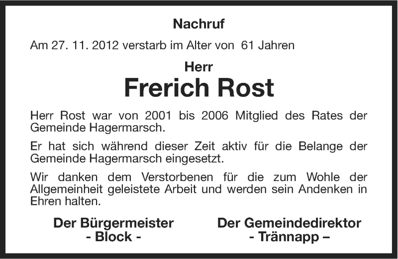 Traueranzeige für Frerich Rost vom 05.12.2012 aus Ostfriesischer Kurier GmbH