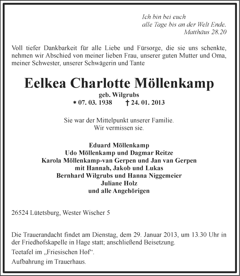  Traueranzeige für Eelkea Charlotte Möllenkamp vom 25.01.2013 aus Ostfriesischer Kurier GmbH
