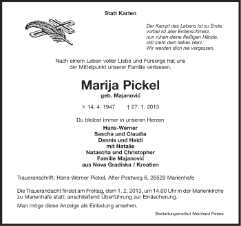 Traueranzeige von Marija Pickel von Ostfriesischer Kurier GmbH