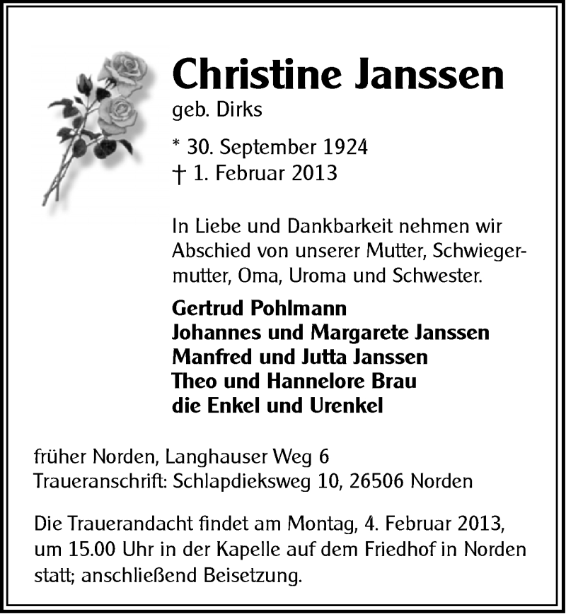  Traueranzeige für Christine Janssen vom 02.02.2013 aus Ostfriesischer Kurier GmbH