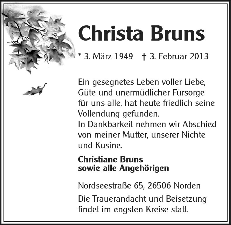  Traueranzeige für Christa Bruns vom 05.02.2013 aus Ostfriesischer Kurier GmbH