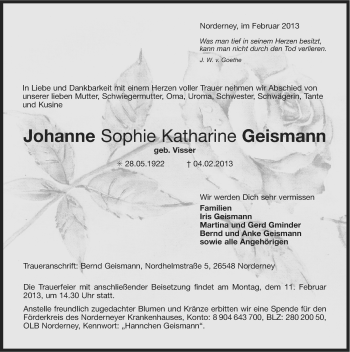 Traueranzeige von Johanne Sophie Katharine Geismann von Ostfriesischer Kurier GmbH