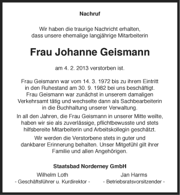 Traueranzeige von Johanne Geismann von Ostfriesischer Kurier GmbH
