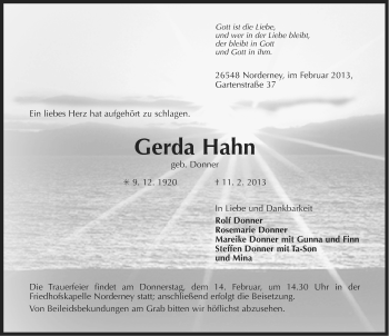 Traueranzeige von Gerda Hahn von Ostfriesischer Kurier GmbH