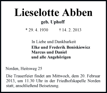 Traueranzeige von Lieselotte Abben von Ostfriesischer Kurier GmbH