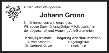 Traueranzeige von Johann Groon von Ostfriesischer Kurier GmbH