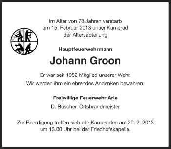 Traueranzeige von Johann Groon von Ostfriesischer Kurier GmbH