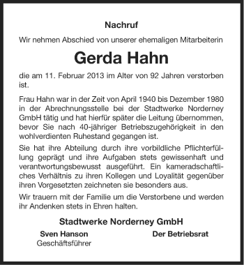 Traueranzeige von Gerda Hahn von Ostfriesischer Kurier GmbH