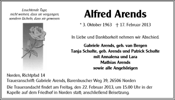 Traueranzeige von Alfred Arends von Ostfriesischer Kurier GmbH