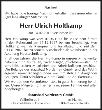 Traueranzeige von Ulrich Holtkamp von Ostfriesischer Kurier GmbH