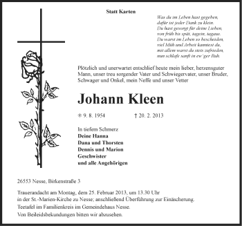 Traueranzeige von Johann Kleen von Ostfriesischer Kurier GmbH