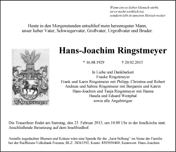 Traueranzeige von Hans-Joachim Ringstmeyer von Ostfriesischer Kurier GmbH