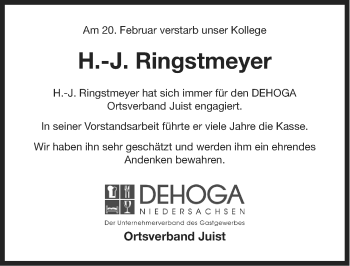 Traueranzeige von Hans-Joachim Ringstmeyer von Ostfriesischer Kurier GmbH