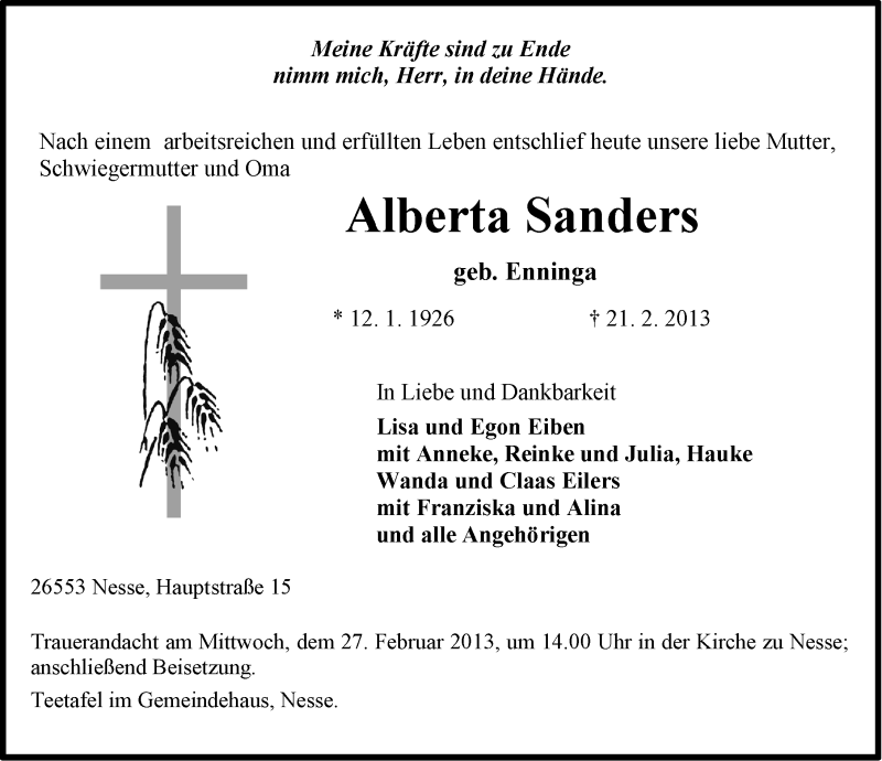  Traueranzeige für Alberta Sanders vom 22.02.2013 aus Ostfriesischer Kurier GmbH