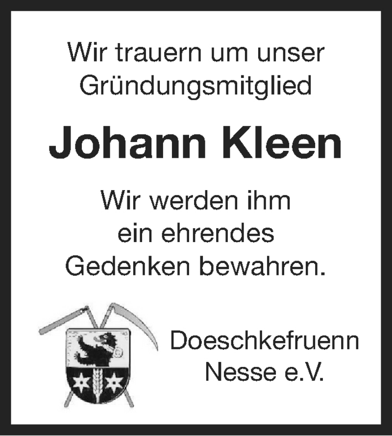  Traueranzeige für Johann Kleen vom 23.02.2013 aus Ostfriesischer Kurier GmbH