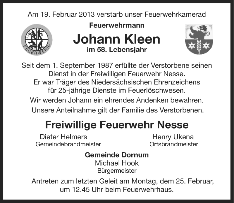  Traueranzeige für Johann Kleen vom 23.02.2013 aus Ostfriesischer Kurier GmbH