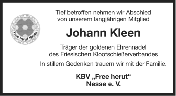 Traueranzeige von Johann Kleen von Ostfriesischer Kurier GmbH