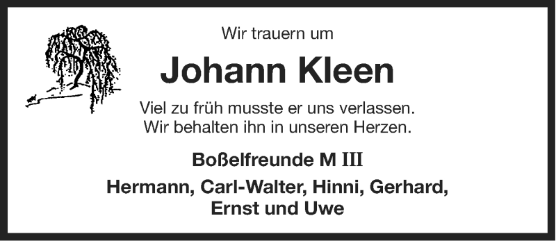  Traueranzeige für Johann Kleen vom 23.02.2013 aus Ostfriesischer Kurier GmbH