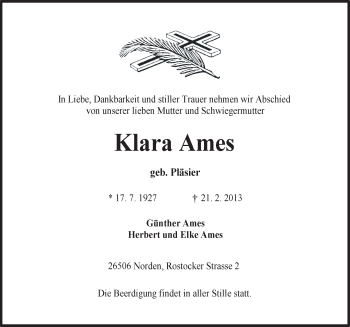 Traueranzeige von Klara Ames von Ostfriesischer Kurier GmbH