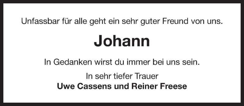  Traueranzeige für Johann Kleen vom 25.02.2013 aus Ostfriesischer Kurier GmbH