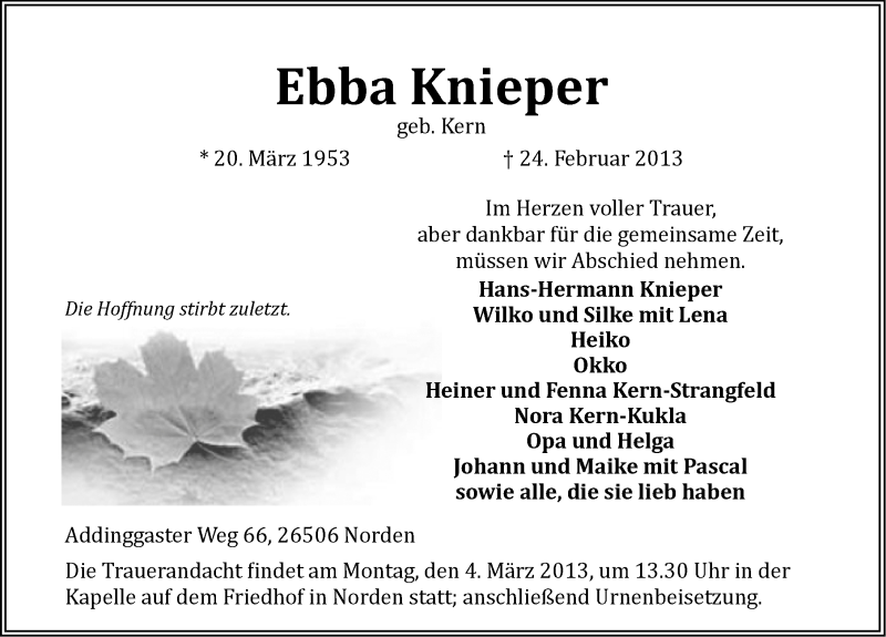  Traueranzeige für Ebba Knieper vom 28.02.2013 aus Ostfriesischer Kurier / Norderneyer Badezeitung