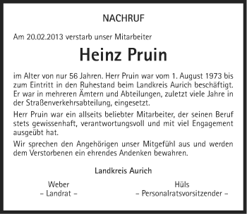 Traueranzeige von Heinz Pruin von Ostfriesischer Kurier GmbH
