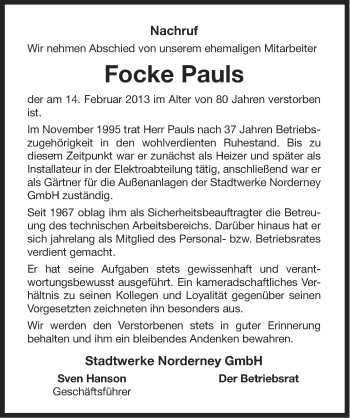 Traueranzeige von Focke Pauls von Ostfriesischer Kurier GmbH