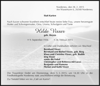 Traueranzeige von Hilde Visser von Ostfriesischer Kurier GmbH