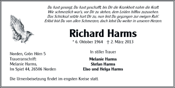 Traueranzeige von Richard Harms von Ostfriesischer Kurier GmbH