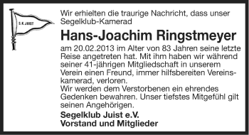 Traueranzeige von Hans-Joachim Ringstmeyer von Ostfriesischer Kurier GmbH